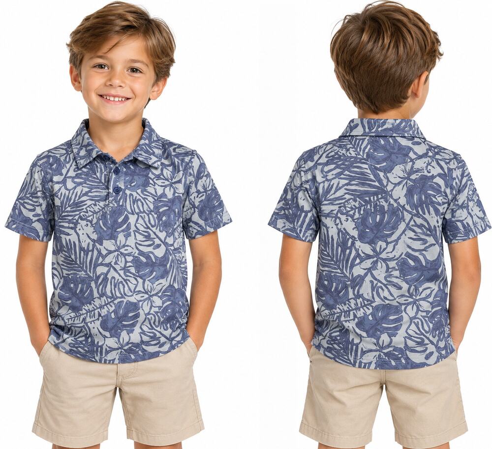 Tommy Bahama Boys 5/6 Blue Tropical Floral Polo Shirt Short Sleeve